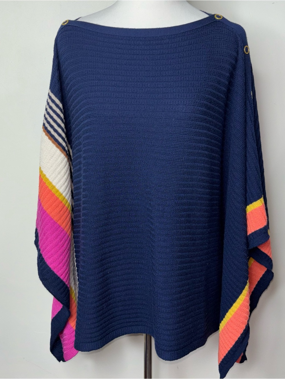 Trina Turk Chic Wrap Pullover Sweater Poncho Blue Knit Stripes and Gold Buttons - Picture 2 of 13